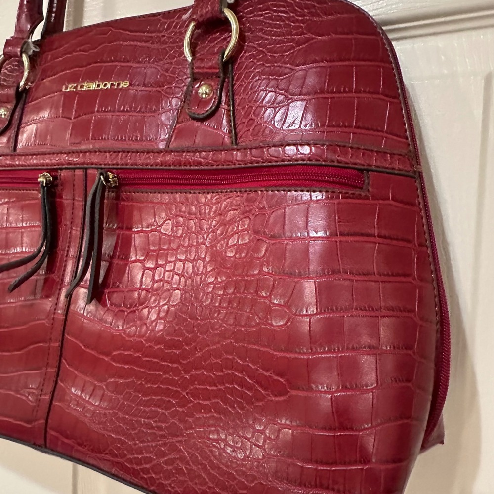 Liz Claiborne Red Croc Embossed Faux Leather Shoulder Bag Tote Organizer - Picture 11 of 12